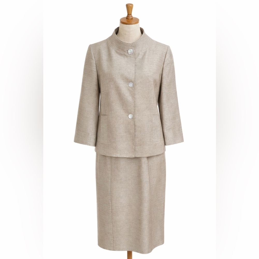 Lafayette 148 Wool Blend Taupe Blazer Skirt Suit Set Size 8 Career Boardroom